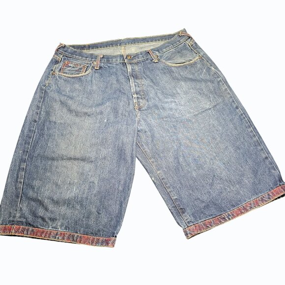RMC Red Monkey Mens Jean Shorts 38 Denim Button Fly Embroidered Pocket & Hem Y2K - Picture 3 of 16